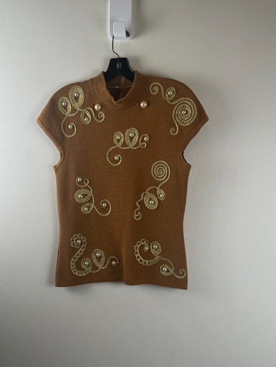 Vintage Tops - 60s Gold Lambwool Embroidery and Pearl Beaded Shell